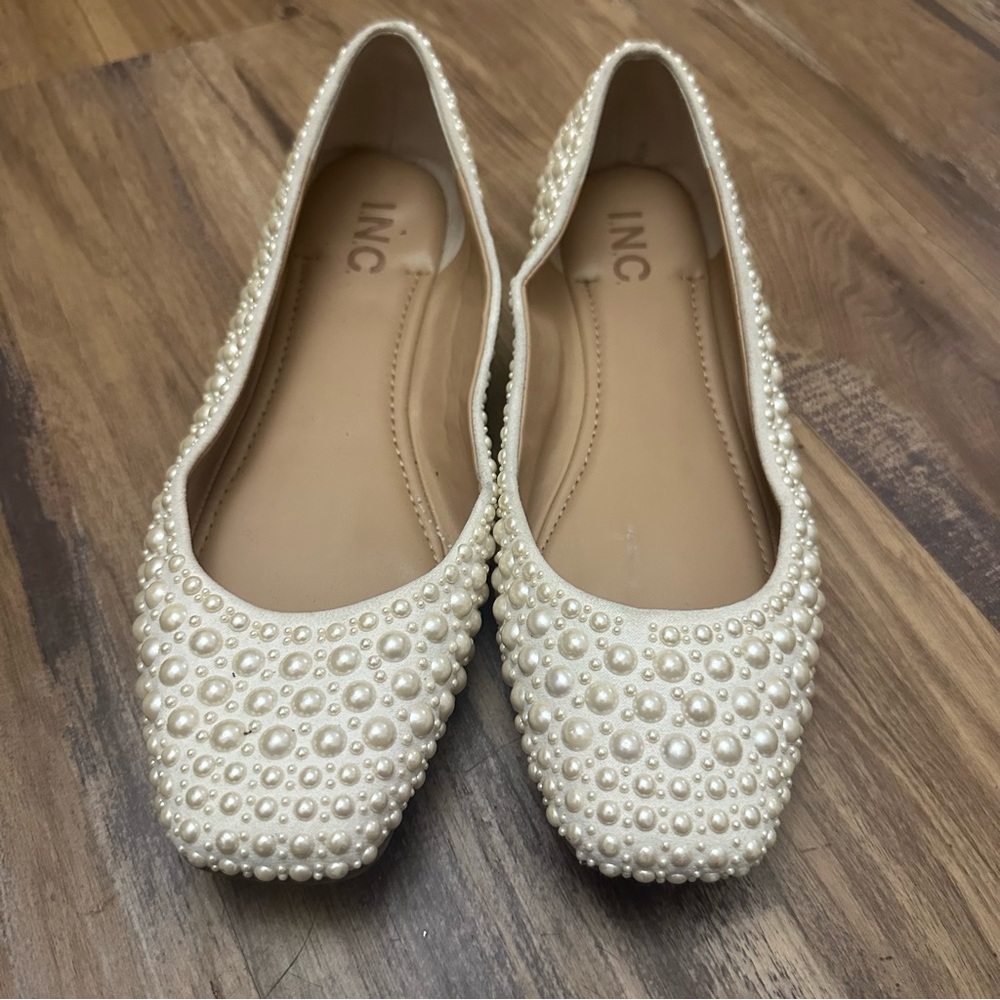 Cream Off White Pearl Beaded Square Toe Ballet Flats - Picture 2 of 8